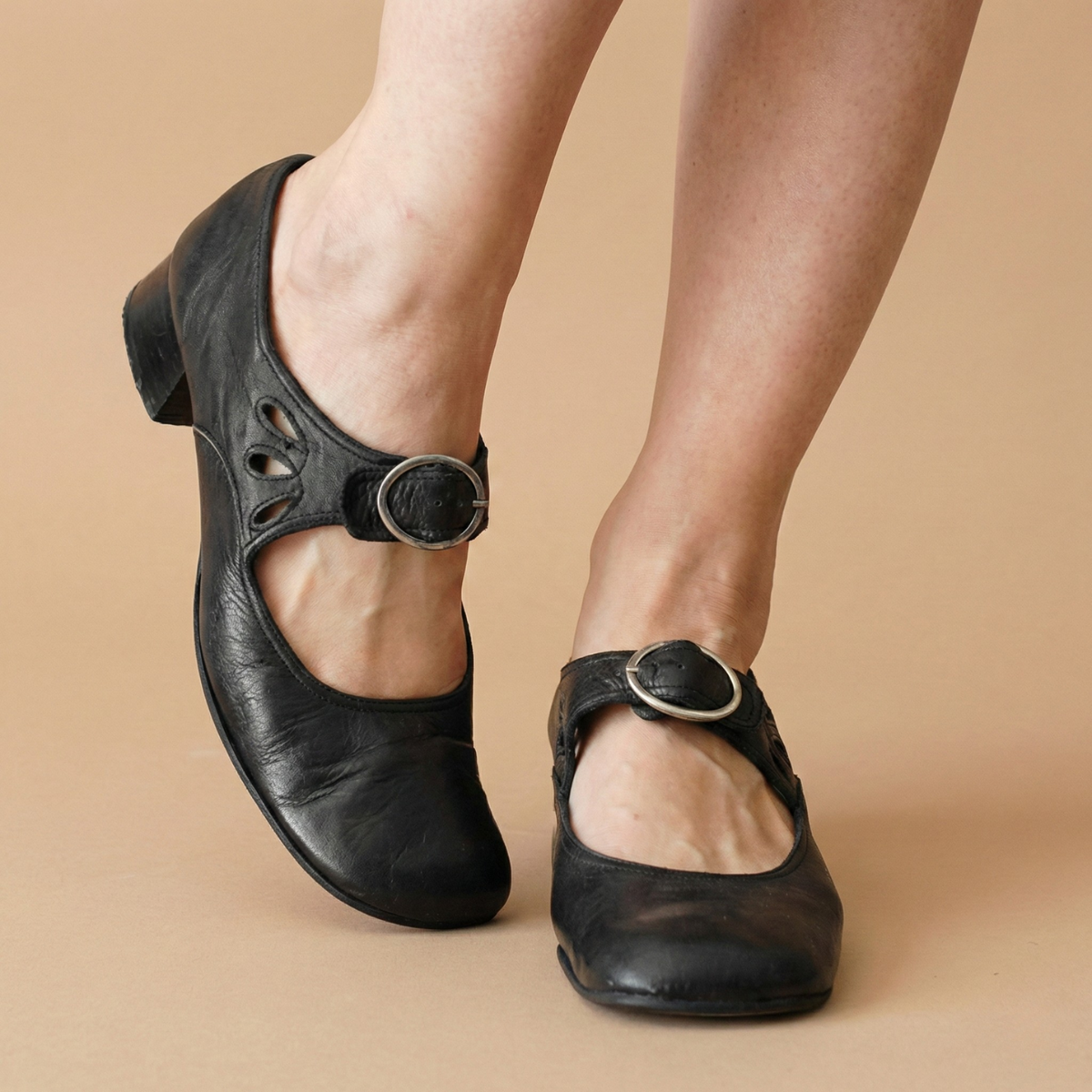 Women's Mary Jane Shoes Leather Buckle Strap Low Block Heel