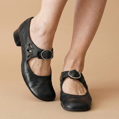 Women's Mary Jane Shoes Leather Buckle Strap Low Block Heel