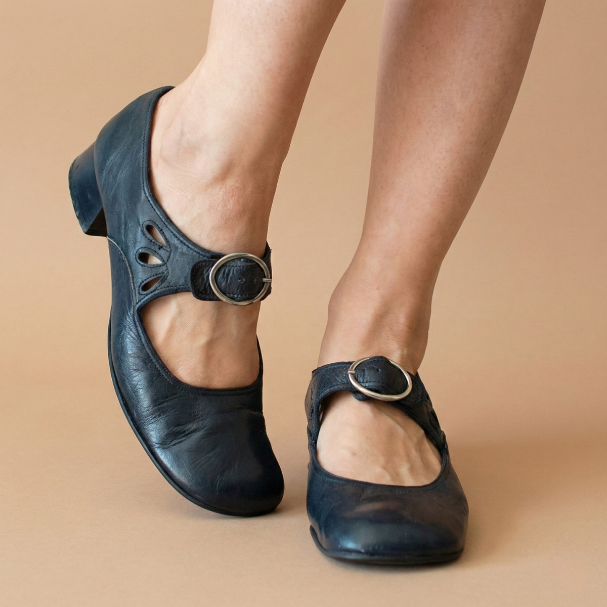 Women's Mary Jane Shoes Leather Buckle Strap Low Block Heel