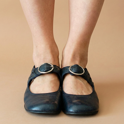Women's Mary Jane Shoes Leather Buckle Strap Low Block Heel