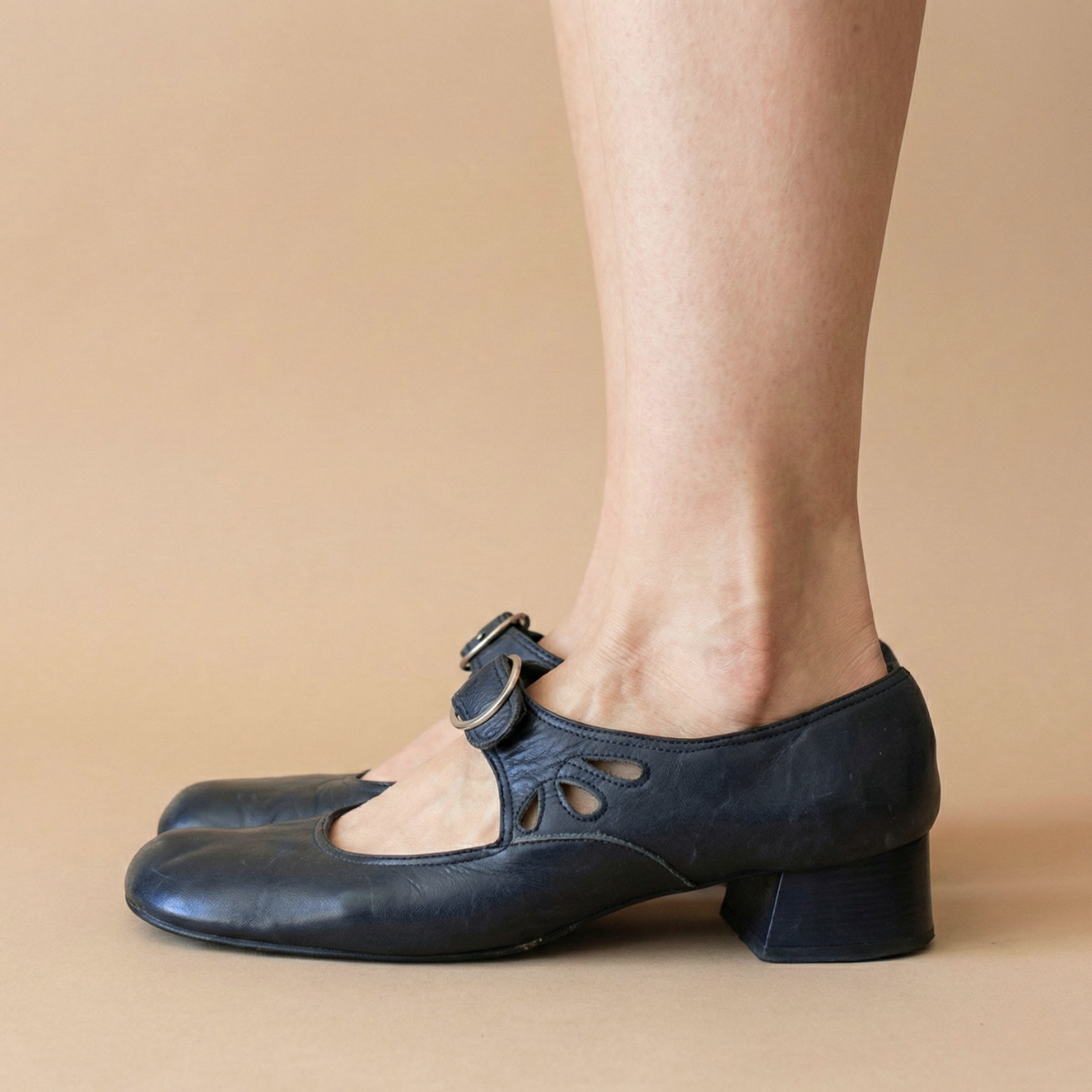 Women's Mary Jane Shoes Leather Buckle Strap Low Block Heel