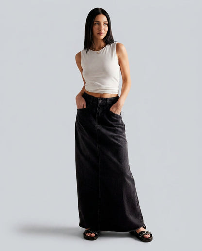 Hazel | High Waist Five Pocket Denim Maxi Skirt