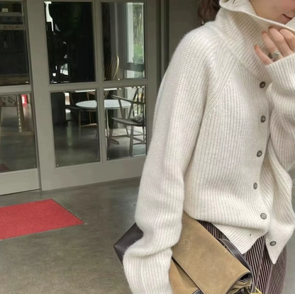 Women's Turtleneck Cardigan Button Front Ribbed Knit Oversized Polo Neck