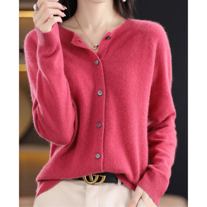 Women's Merino Wool Cardigan O-Neck Cashmere Jumper Warm Knit