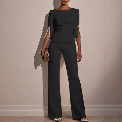 Women's Wide Leg Jumpsuit Boat Neck Pearl Sleeve Detail Smart Casual