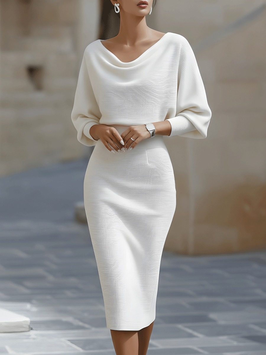Women's Bodycon Midi Dress Draped Cowl Neck Batwing Sleeves Evening
