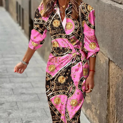 Women's Maxi Wrap Dress Geometric Print Long Sleeves Tie Waist