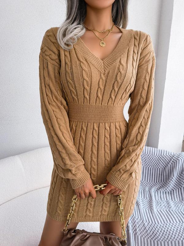 Women's Cable Knit Sweater Dress Long Sleeve V-Neck Cosy Knitted Midi Dress Casual Winter Warm Jumper Dress Autumn Everyday