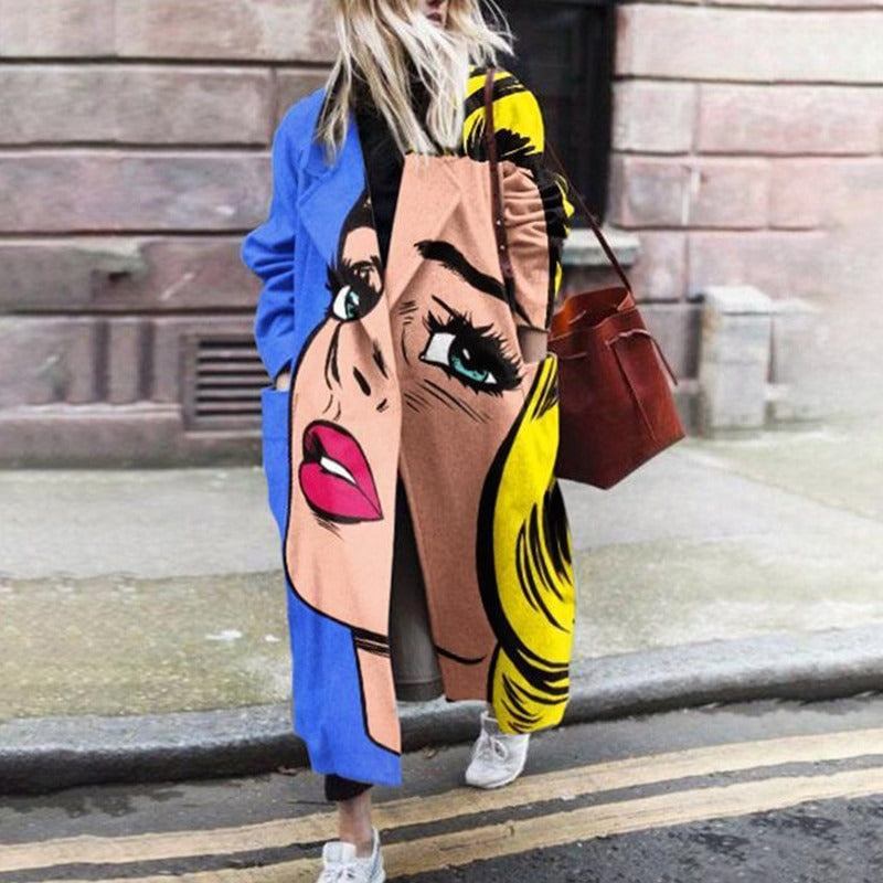 Women's Wool Coat Long Designer Pattern Elegant Warm Dress Outerwear
