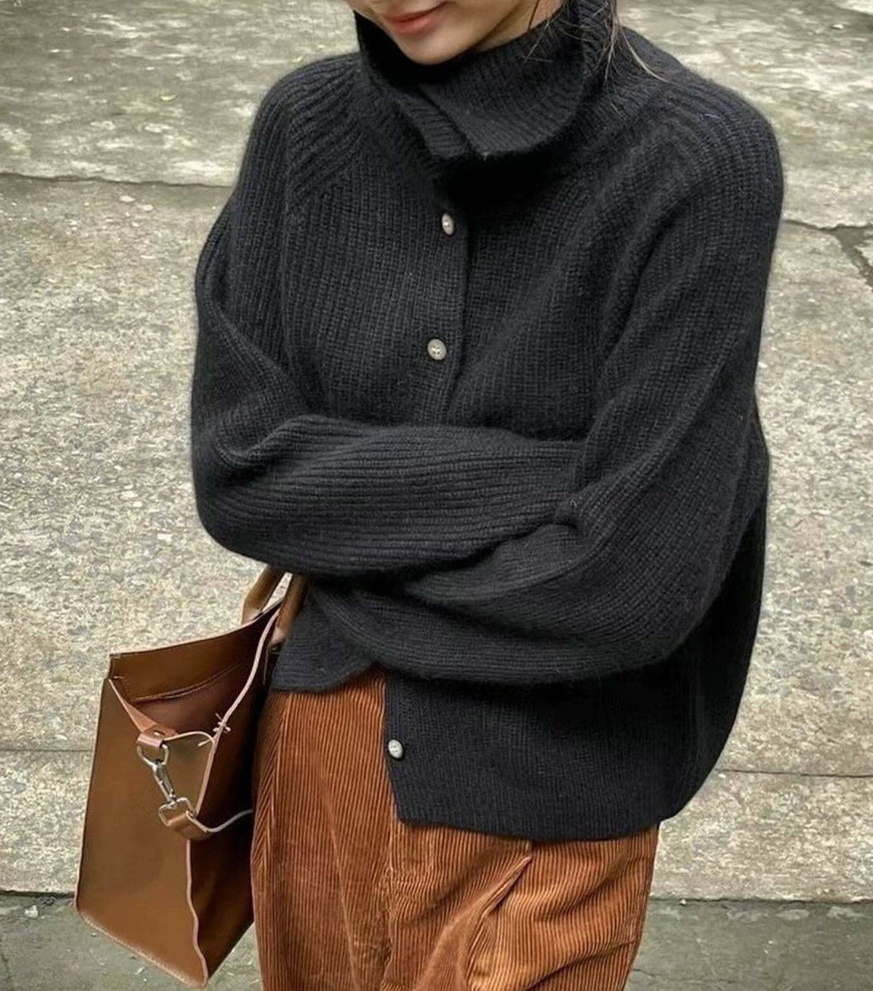 Women's Turtleneck Cardigan Button Front Ribbed Knit Oversized Polo Neck