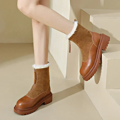 Women's Winter Boots Snow Shoes Chunky Sole Front Zip Warm Casual
