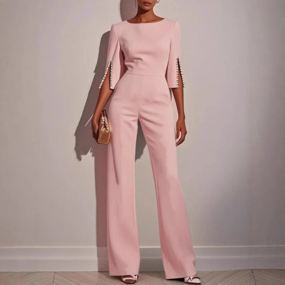 Women's Wide Leg Jumpsuit Boat Neck Pearl Sleeve Detail Smart Casual
