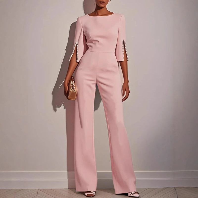 Women's Wide Leg Jumpsuit Boat Neck Pearl Sleeve Detail Smart Casual
