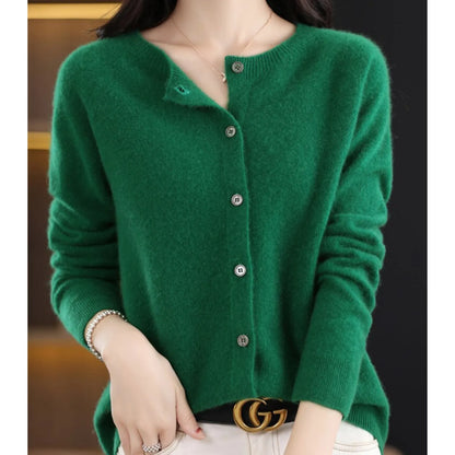 Women's Merino Wool Cardigan O-Neck Cashmere Jumper Warm Knit