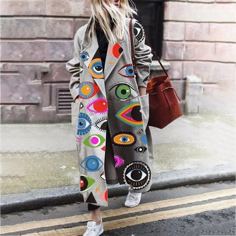 Women's Wool Coat Long Designer Pattern Elegant Warm Dress Outerwear