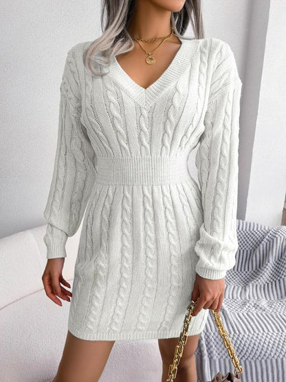 Cable Knit Sweater Dress Long Sleeve V-Neck Cosy Knitted Midi Dress Women Autumn Winter