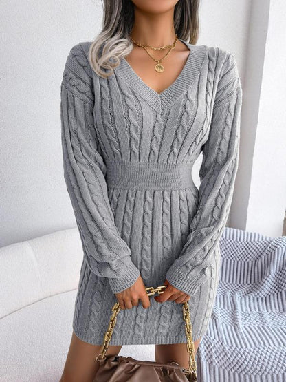 Women's Cable Knit Sweater Dress Long Sleeve V-Neck Cosy Knitted Midi Dress Casual Winter Warm Jumper Dress Autumn Everyday