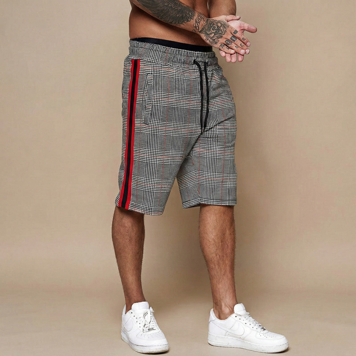 Men's Plaid Shorts Elasticated Waist Drawstring Above Knee Casual