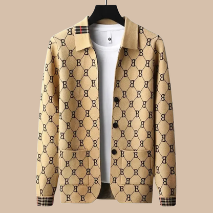 Men's Button Front Cardigan Turn Down Collar Monogram Knit