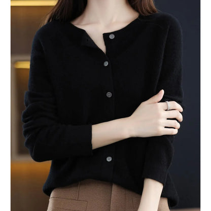 Women's Merino Wool Cardigan O-Neck Cashmere Jumper Warm Knit