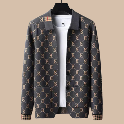 Men's Button Front Cardigan Turn Down Collar Monogram Knit