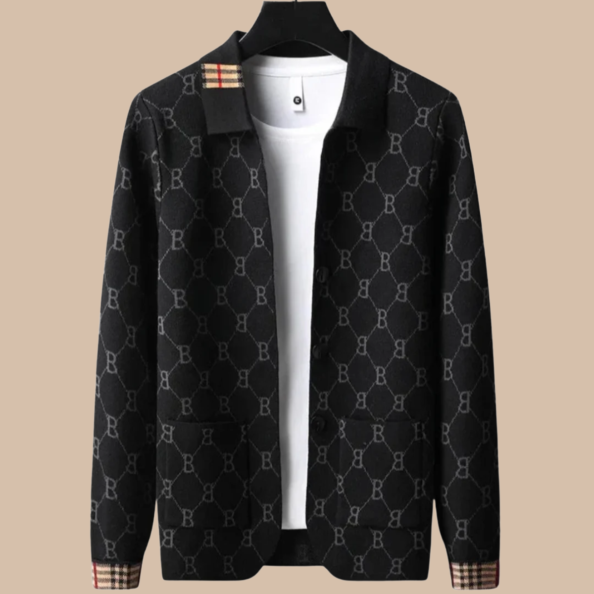 Men's Button Front Cardigan Turn Down Collar Monogram Knit