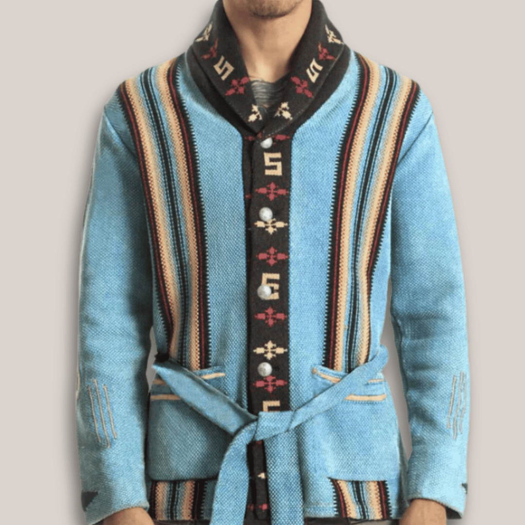 Men's Leather-Trimmed Knit Cardigan Belted Waist Shawl Collar Smart Casual