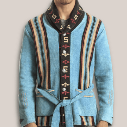 Men's Leather-Trimmed Knit Cardigan Belted Waist Shawl Collar Smart Casual