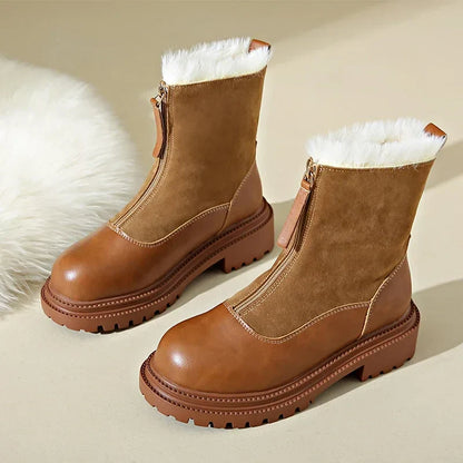 Women's Winter Boots Snow Shoes Chunky Sole Front Zip Warm Casual