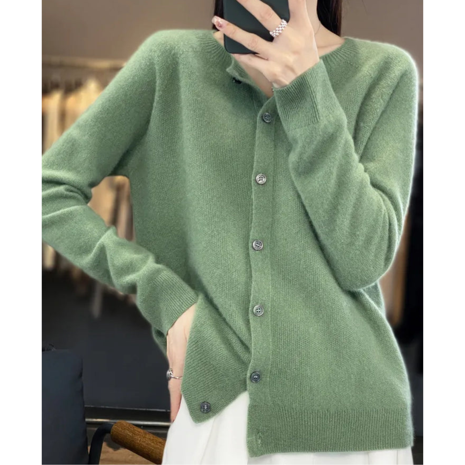 Women's Merino Wool Cardigan O-Neck Cashmere Jumper Warm Knit