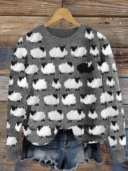 Women's Novelty Knit Sweater Sheep Print Relaxed Fit Cosy Casual Pullover Cute Animal Pattern Jumper Everyday Winter Warm Soft Knit
