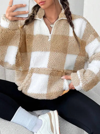 Women's Plaid Half Zip Sweater Long Sleeve Knit Pullover Casual Warm Cosy Ladies Checked Print Top Everyday Autumn Winter