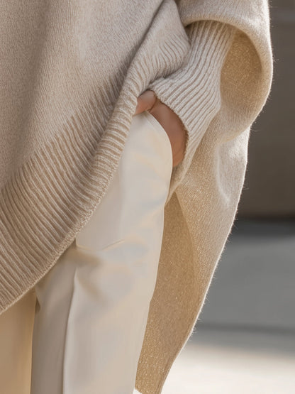 Women's Oversized Poncho Wrap Beige Black Olive Cosy Layering Cape Shawl Relaxed Fit Casual Elegant All Season Knit Style