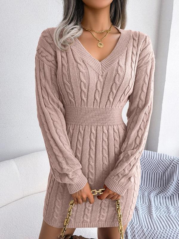 Women's Cable Knit Sweater Dress Long Sleeve V-Neck Cosy Knitted Midi Dress Casual Winter Warm Jumper Dress Autumn Everyday
