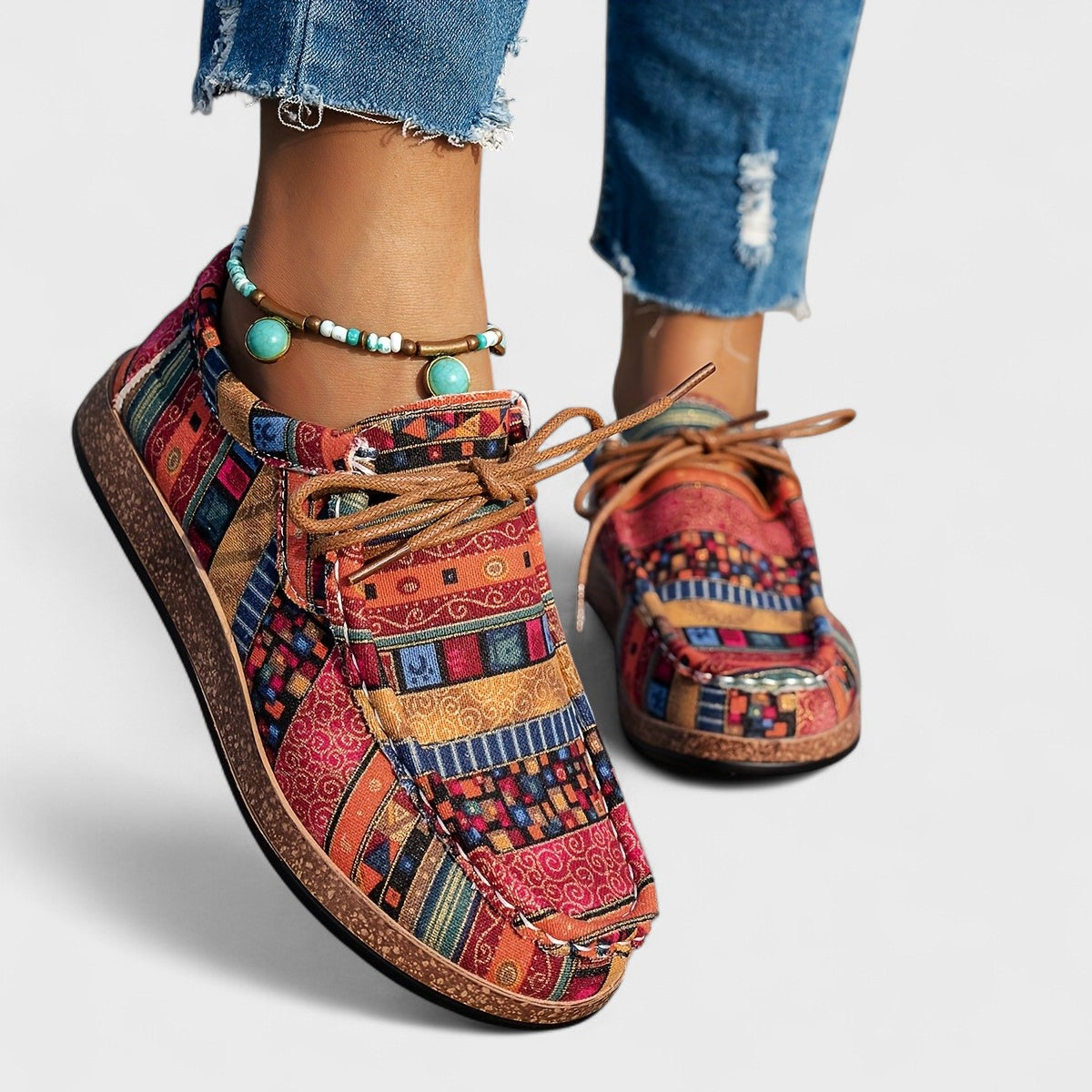 Women's Lace-Up Casual Shoes Round Toe Flat Patchwork Print Comfortable Everyday