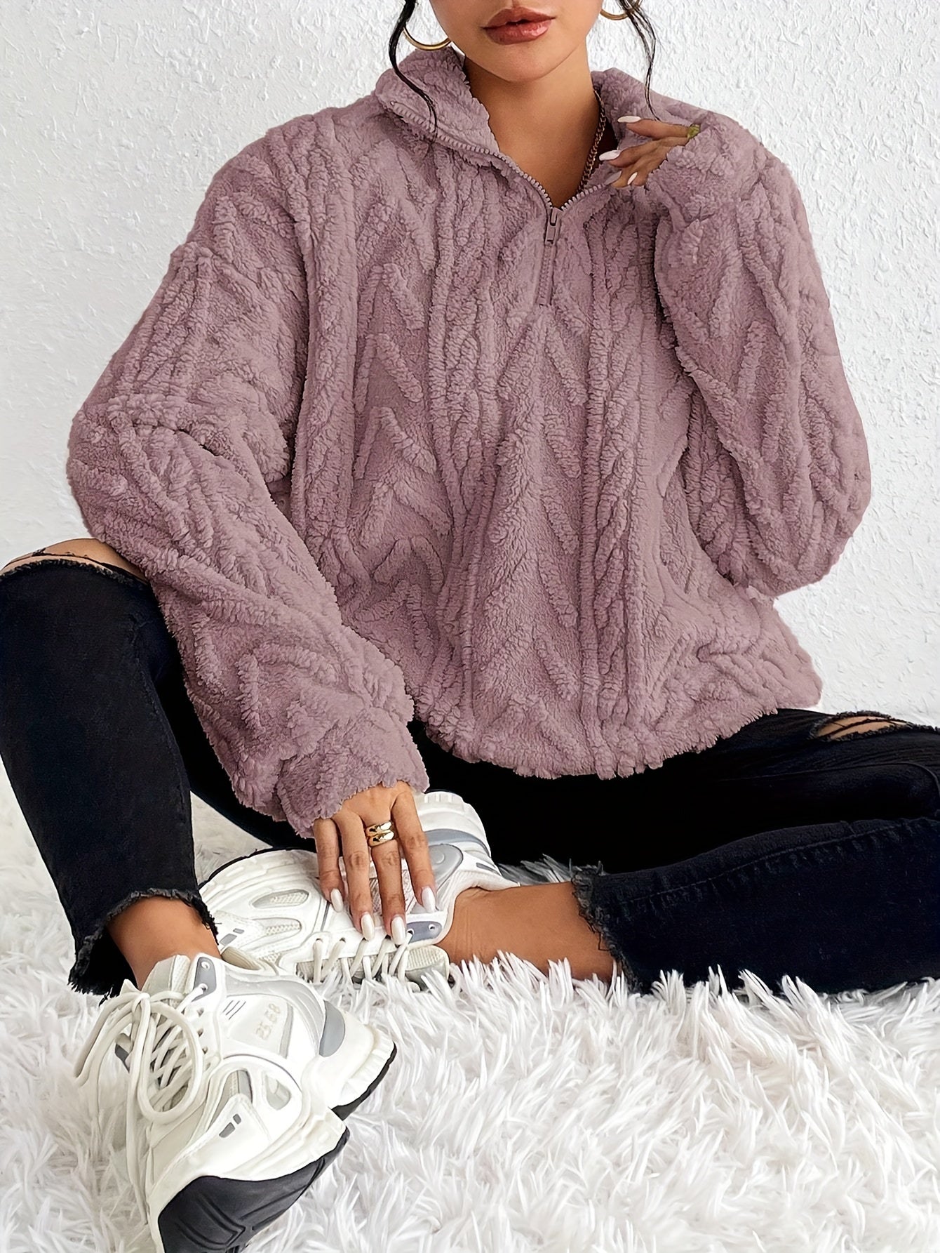 Women's Cable Knit Sweater Fleece Lined Half Zip Pullover Warm Winter Jumper Cosy Ladies Knit Top Casual Cold Weather S-XXL