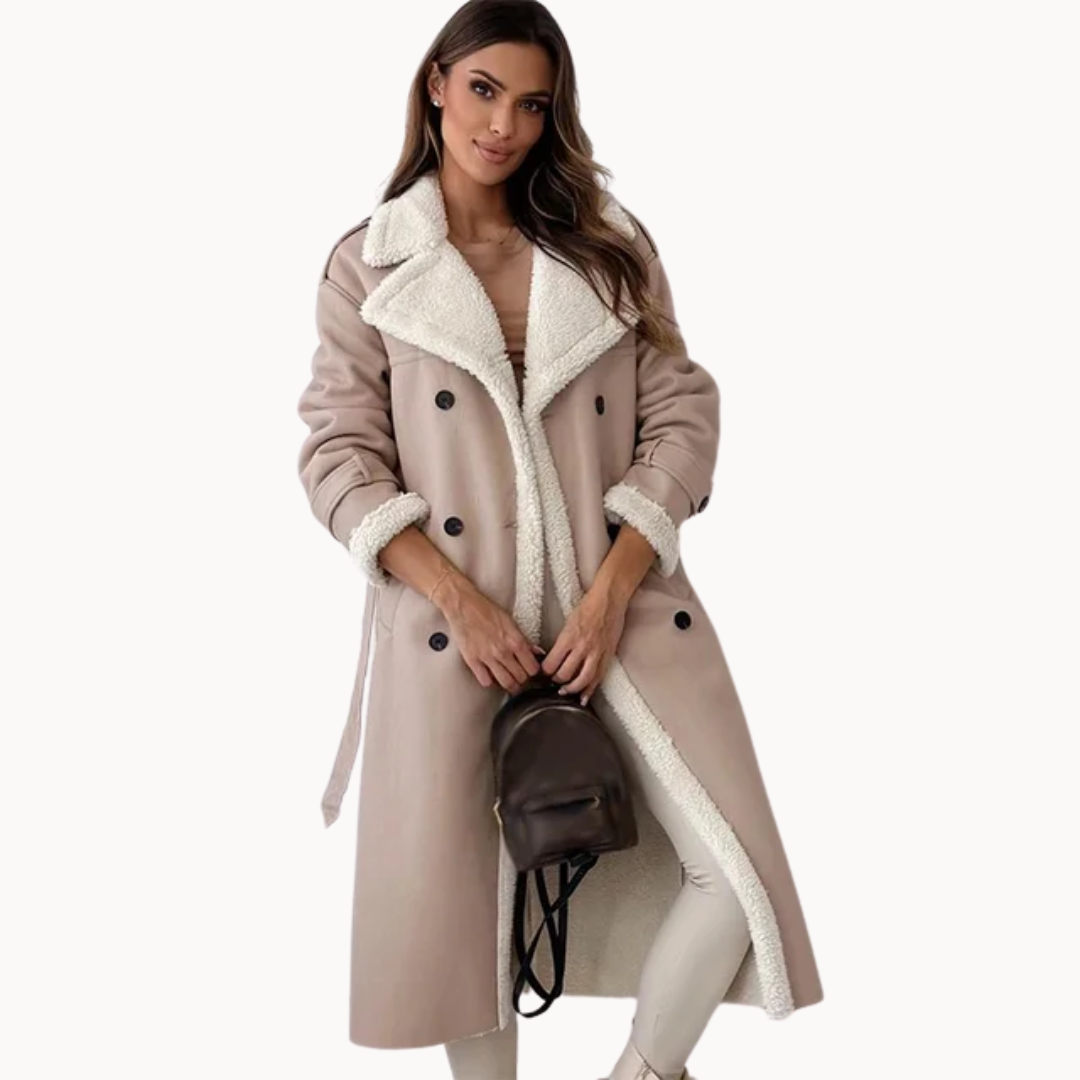 Women's Faux Leather Trench Coat Oversized Shearling Trim Double-Breasted Belted Long Jacket Black Khaki Winter Streetwear Casual Warm Thick