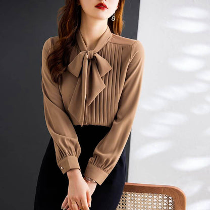 Women's Long Sleeve Blouse Bow Tie Neck Pin-Tuck Pleated Front Pearl Buttons