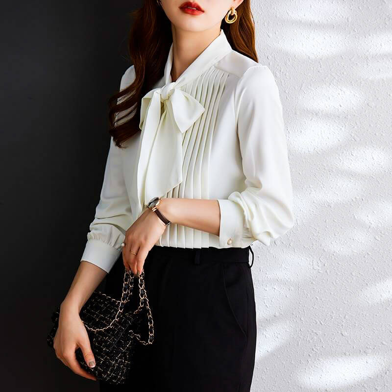 Women's Long Sleeve Blouse Bow Tie Neck Pin-Tuck Pleated Front Pearl Buttons