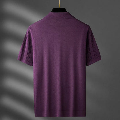 Men's Knit Polo Shirt Cable Pointelle V-Notch Collar Casual Smart