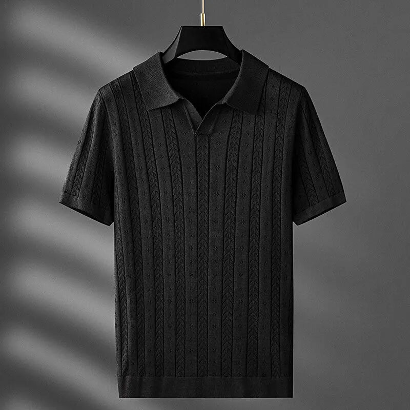 Men's Knit Polo Shirt Cable Pointelle V-Notch Collar Casual Smart