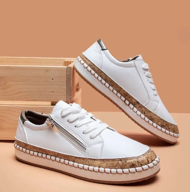 Women's Lace-Up Sneakers Low-Top Casual Shoes with Side Zip Platform