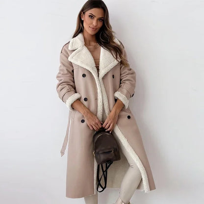 Women's Faux Leather Trench Coat Oversized Shearling Trim Double-Breasted Belted Long Jacket Black Khaki Winter Streetwear Casual Warm Thick