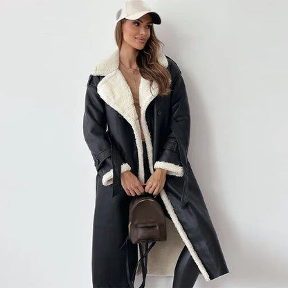 Women's Faux Leather Trench Coat Oversized Shearling Trim Double-Breasted Belted Long Jacket Black Khaki Winter Streetwear Casual Warm Thick