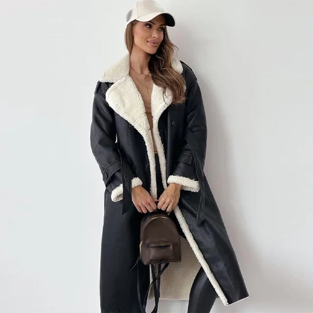 Women's Faux Leather Trench Coat Oversized Shearling Trim Double-Breasted Belted Long Jacket Black Khaki Winter Streetwear Casual Warm Thick