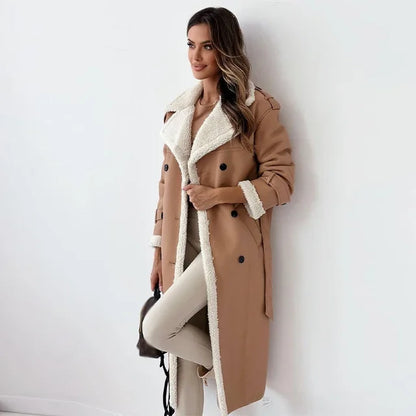 Women's Faux Leather Trench Coat Oversized Shearling Trim Double-Breasted Belted Long Jacket Black Khaki Winter Streetwear Casual Warm Thick