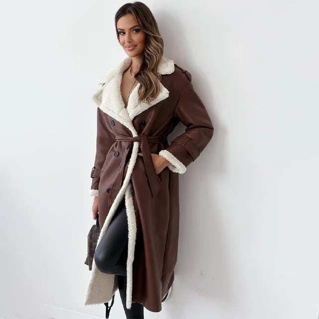 Women's Faux Leather Trench Coat Oversized Shearling Trim Double-Breasted Belted Long Jacket Black Khaki Winter Streetwear Casual Warm Thick