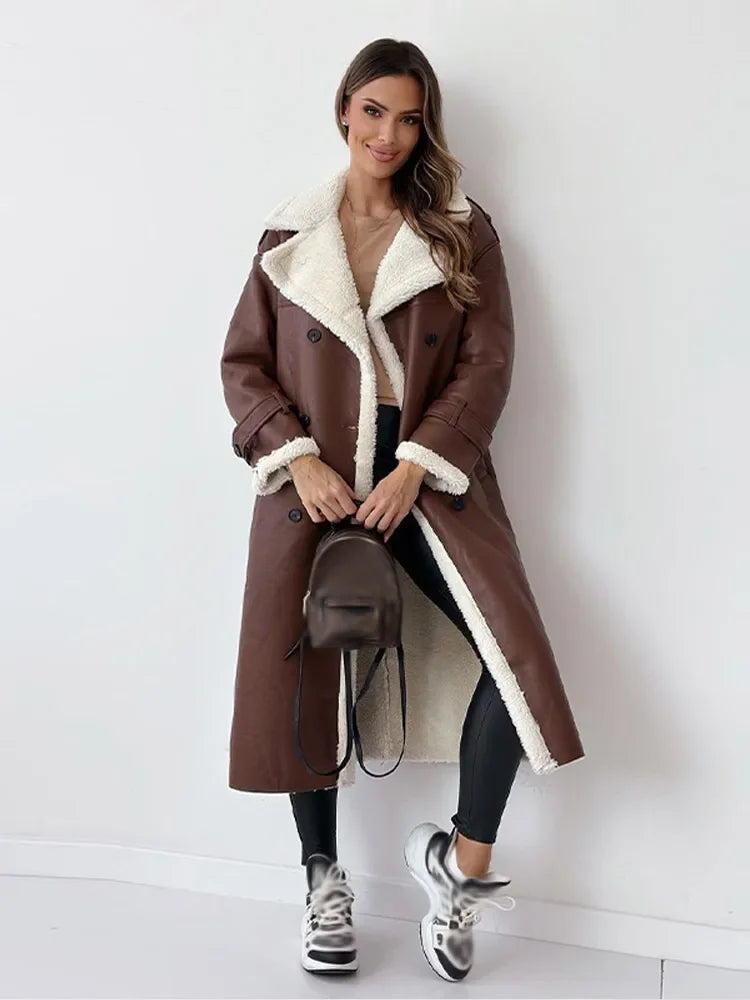 Women's Faux Leather Trench Coat Oversized Shearling Trim Double-Breasted Belted Long Jacket Black Khaki Winter Streetwear Casual Warm Thick
