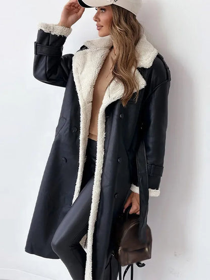 Women's Faux Leather Trench Coat Oversized Shearling Trim Double-Breasted Belted Long Jacket Black Khaki Winter Streetwear Casual Warm Thick
