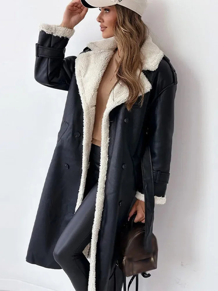 Women's Faux Leather Trench Coat Oversized Shearling Trim Double-Breasted Belted Long Jacket Black Khaki Winter Streetwear Casual Warm Thick